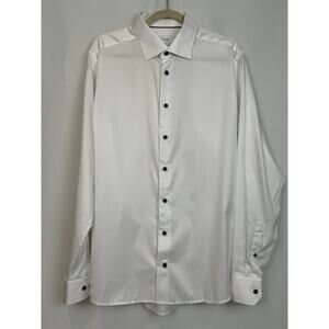 Eton of Sweden Slim Fit White Dress Shirt Navy Contrast Buttons Size 44 17.5
